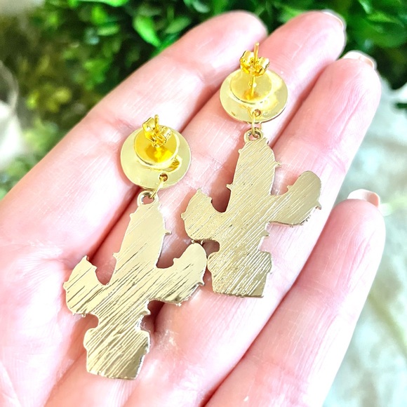Gold Cactus Dangle Earrings - Picture 4 of 4